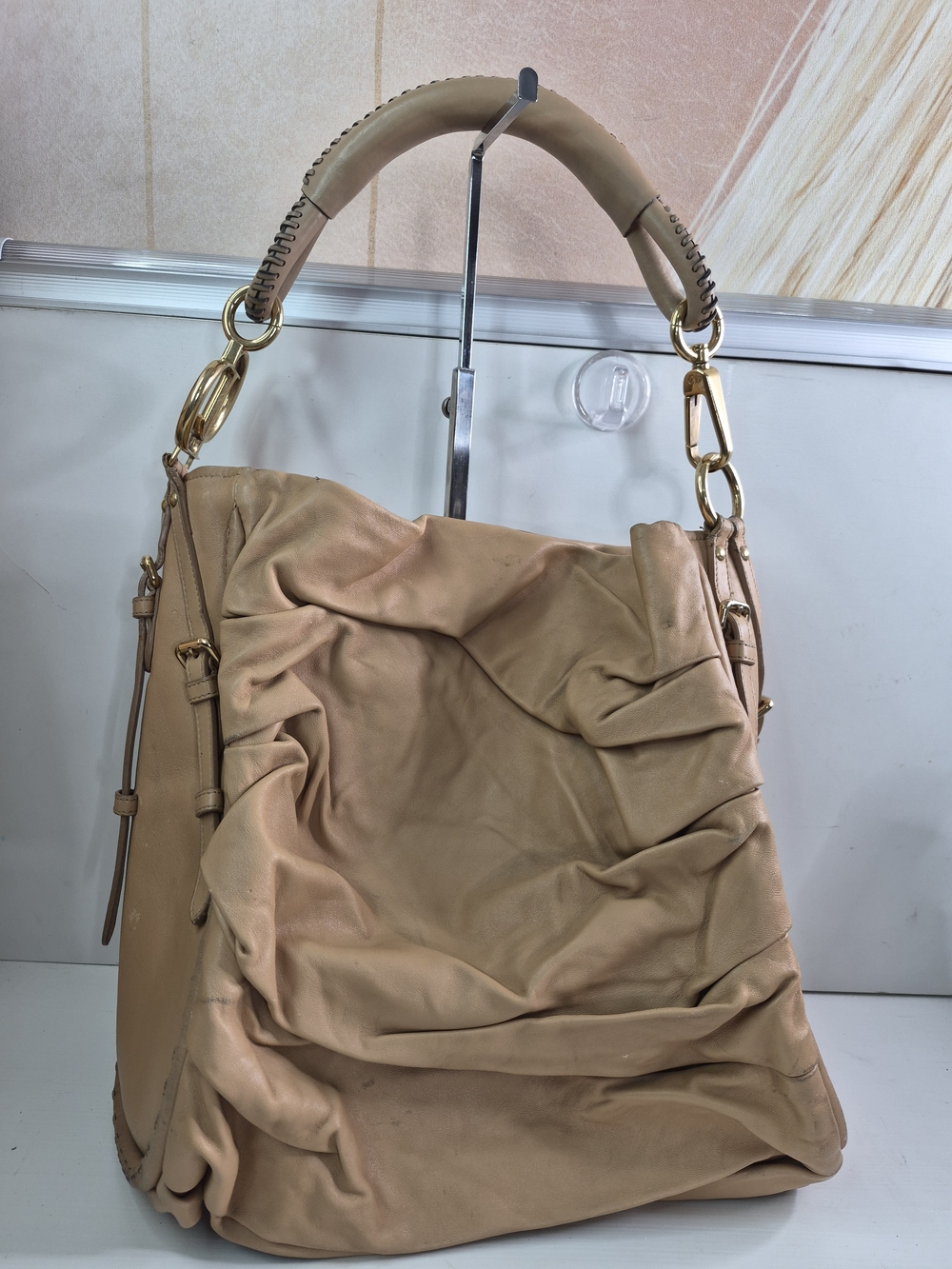 Christian Dior Ruched Hobo Bag in Beige
